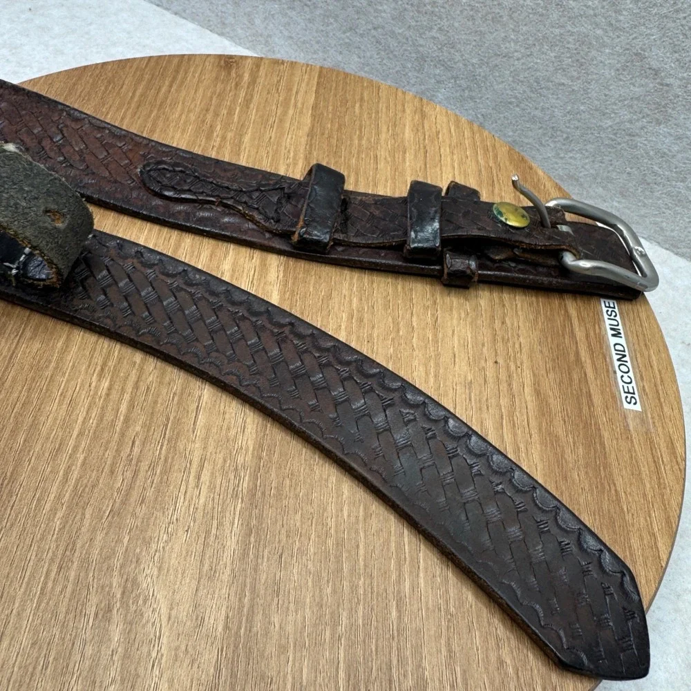 Distressed Leather Woven Embossed Belt‎ Silver Buckle Brown Well Worn Size 50